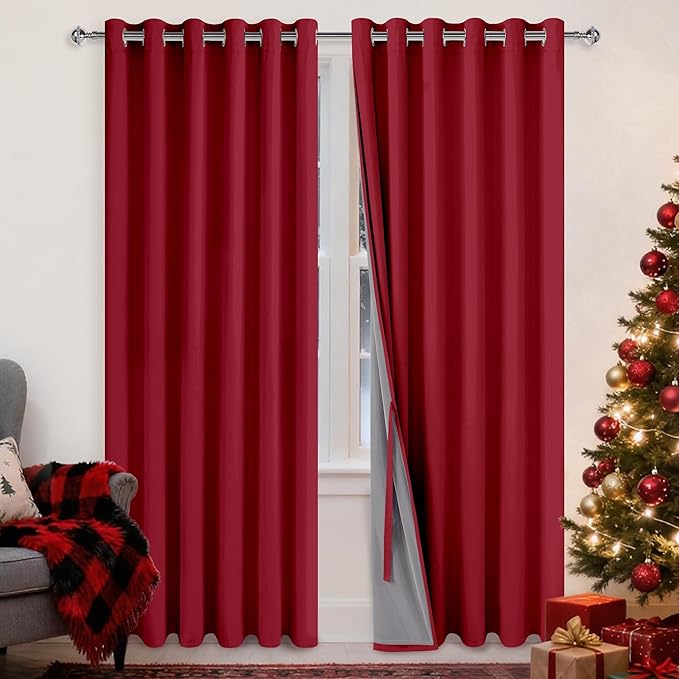 XWZO Thermal Insulated 100% Blackout Curtains with Tiebacks, Noise Reducing Drapes with Black Lining, Full Light Blocking Drapery Panels with Grommets for Bedroom, Christmas Red, W70 x L84, Set of 2
