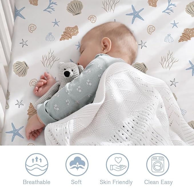 Little Grape Land Crib Sheets 2 Pack, Microfiber Fitted Crib Sheet for Standard Crib Mattress 52"x28"x8", Soft and Neutral Baby Crib Sheets for Boys and Girls, Breathable & Easy Care, Seashell Haven