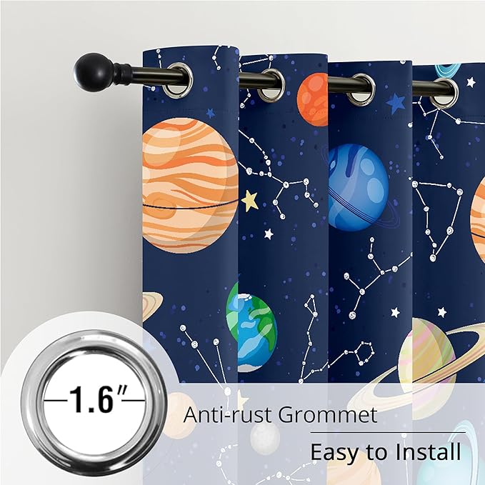 Kids Space Constellation Planets Blackout Curtains - 100% Blackout, Thermal Insulated, Noise Reducing, Perfect for Kids Room and Nursery, 2 Panels (Constellation Planets, W52×L63)