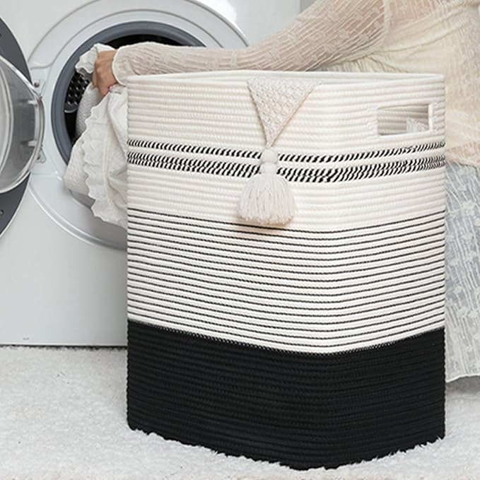 Laundry Basket, Large Woven Rope Tall Laundry Basket with Handles, Decorative Storage Basket for Clothes and Blankets in Living room, Bedroom