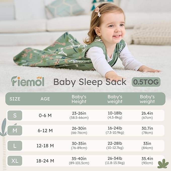FIEMOL Baby Sleep Sack 18-24 months, 100% Cotton Sleeping Sack for Newborn and Infant, 3 Pack Baby Wearable Blanket for Boy and Girl, 0.5 Tog Lightweight Double Zipper Sleep Bag Green Brown Giraffe