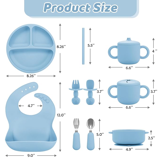 Bufims Silicone Baby Feeding Set, Baby Led Weaning Supplies, Eating Essentials Utensils with Suction Plate and Bowl, Pocket Bib, Sippy Cup with Lid, Forks Spoons Snack Container, for 6+ Months, Blue