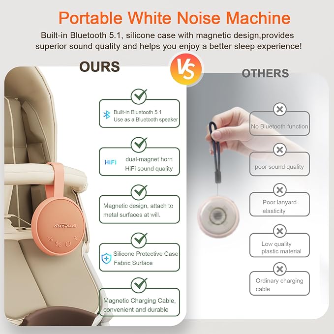 White Noise Sound Machine, Portable Sound Machine for Sleeping Adults & Baby, with Bluetooth 5.1/24 Soothing Sounds/Battery Powered/3 Timer Memory Function for Office/Bedroom/Travel (Orange
