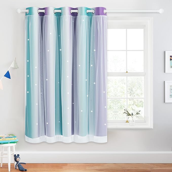 NICETOWN Star Ombre Rainbow Blackout Curtains for Kid Girls Bedroom Living Room Decor Darkening Grommet Stripe Gradient Window Curtain for Sliding Glass Door (Teal Purple, 70" W x 63" L, 1 Panel)