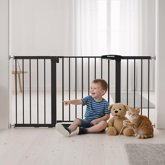 Mumeasy 29.7-57" Extra Wide Baby Gate for Doorways, Auto Close Dog Gate Indoor for Stairs, No-Drill Pressure Mounted Pet Gate with Door, Easy Walk Thru Long&Large Safety Gate for House, Outdoor, Black