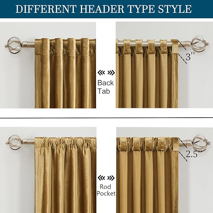 PRIMROSE Golden Velvet Curtains 90 inch Long for Living Room,Set of 2 Panels Blackout Rod Pocket Back Tab Window Treatment Room Darkening Heavy Decorative Curtains Drapes for Bedroom