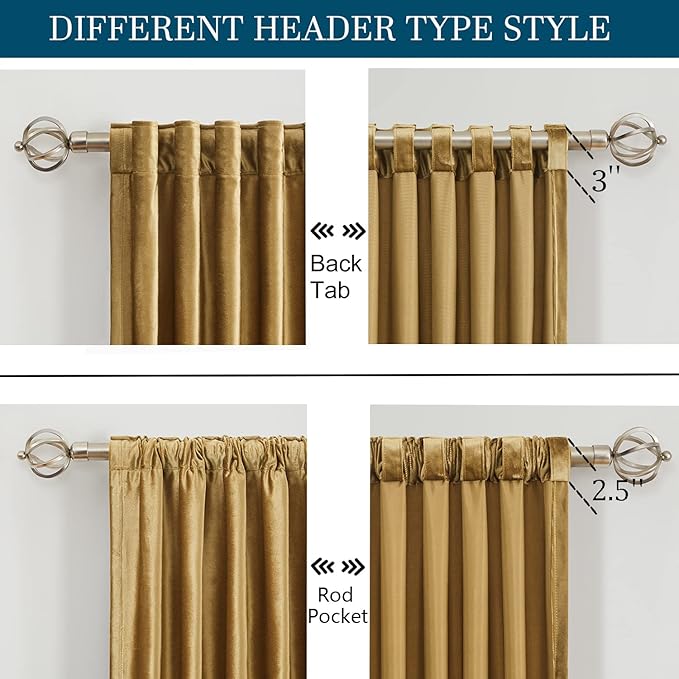 PRIMROSE Golden Velvet Curtains 84 inch Long for Living Room,Set of 2 Panels Blackout Rod Pocket Back Tab Window Treatment Room Darkening Heavy Decorative Curtains Drapes for Bedroom