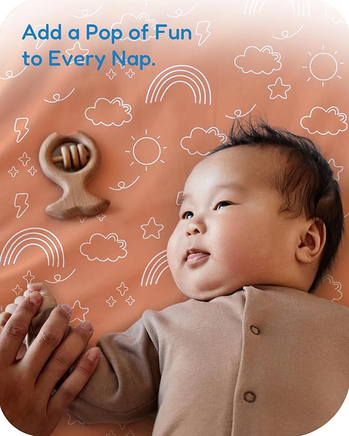 Pack and Play Sheets Fitted, Ultra Soft Orange Cloud and Rainbow Design, Breathable and Soothing, Hypoallergenic, 2 Pack for Baby Boys and Girls