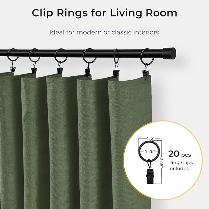 INOVADAY 100% Blackout Curtains for Bedroom, Black Out Curtains 63 Inch Long, Clip Rings Linen Blackout Drapes, Thermal Insulated Room Darkening for Living Room, 2 Panels - Moss Green,W50xL63