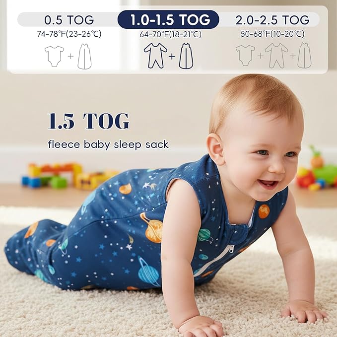 PHF Warm Micro-Fleece Baby Sleep Sack 6-12 Months, Soft Baby Wearable Blanket, 2-Way Zipper Sleeping Bags, 2 Pack Comfy Toddler Sleeping Sack for Boys, Medium Size, Space
