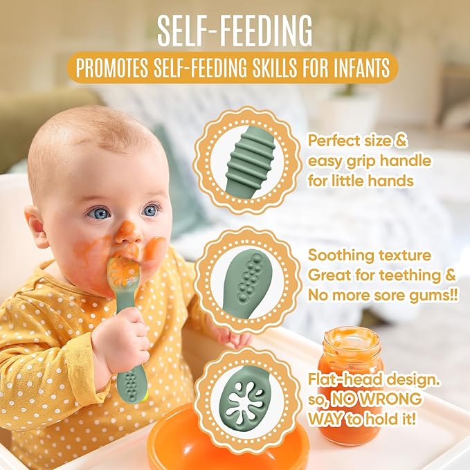 HippoBaby 4pc Silicone Baby Spoons Self Feeding Baby Utensils 6-12 Months - 3 Baby Spoon - 1 Baby Fork - Toddler Cutlery Set - BPA Free, Dishwasher Safe - Baby Eating Essentials (Green/Yellow) - Small