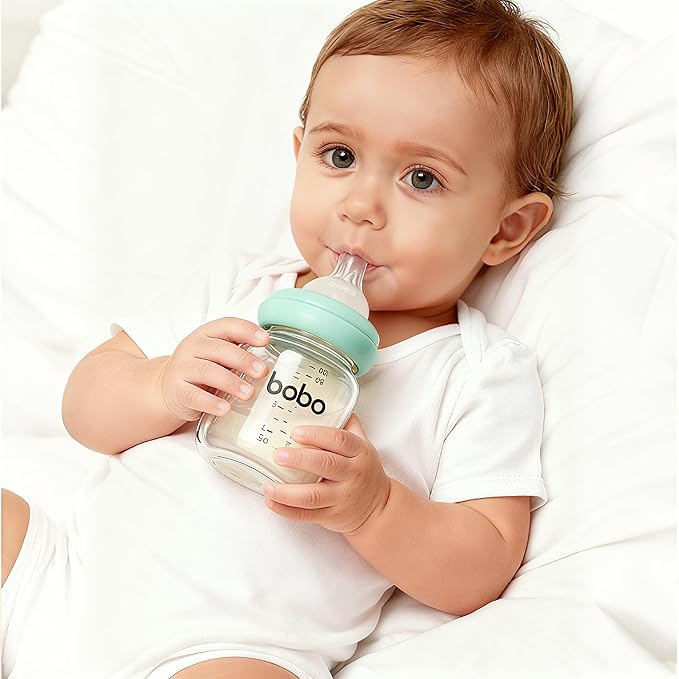 YOHKOH Natural Glass Baby Bottle with Level 1 Slow Flow Nipple, Newborn Anti-Colic Baby Bottles, Wide Neck Mushroom Baby Glass Bottle (3.4oz (Pack of 2), Multicolour)