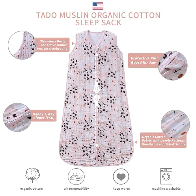 TADO MUSLIN Baby Sleep Sack 2-4 T Boys & Girls Wearable Blanket 100% Organic Cotton 0.5 TOG Toddler Sleep Sacks 2- Way Zipper X-Large Muslin Pink Bunny