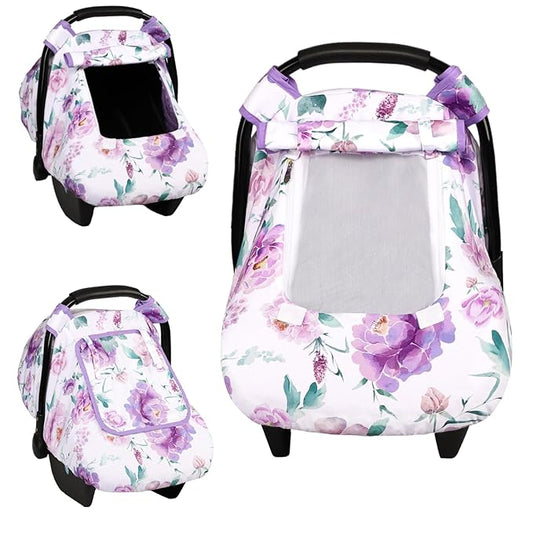 Car Seat Cover Baby, HNHUAMING Infant Car Seat Covers Canopy for Baby Girl Boy, Cozy & Windproof Newborn Carseat Covers Minky Dot Backing Stroller Cover with Breathable Mesh Window, Purple Flower