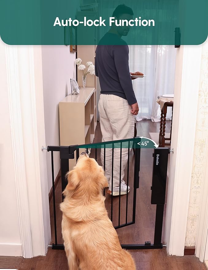 Babelio Smart Baby Gate with Auto-Unlock/Close, Pressure Mounted No Drill for Doorways/Top of Stairs. Pet/Dog Door Wide Walk Thru w/Infrared Sensor & Instant Safety Alert (Black, 30.3-47.2" W, 30" H)