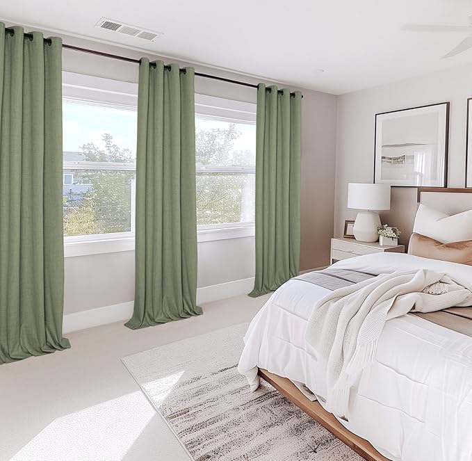 100% Blackout Shield Linen Blackout Curtains for Bedroom, Light Sage Grommet Curtains for Living Room, Thermal Insulated Room Darkening Drapes for Nursery, Boho Home Decor, 50" W x 108" L, 2 Panels