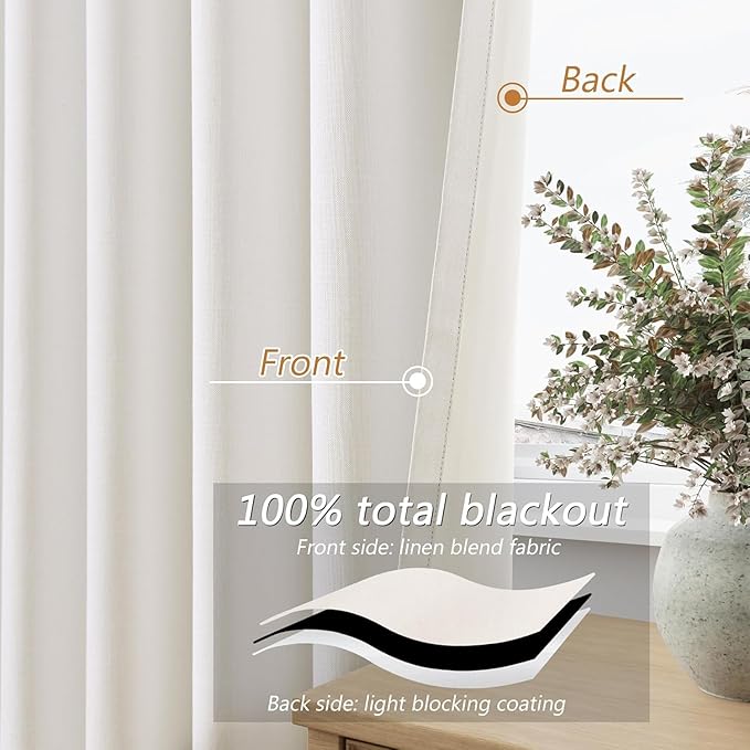 Guken Ivory 100% Blackout Linen Curtains 96 Inch Length 2 Panels Set for Living Room Bedroom Back Tab Thermal Insulated Black Out Drapes Room Darkening Window Curtains 40 Wide
