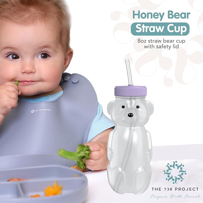 The 730 Project Honey Bear Straw Cup for Babies, 8-oz Honey Bear Cup with Lid, 3-Pack Therapy Learning Honeybear Straw, Baby Bottle Set, Unicorn PURPLE