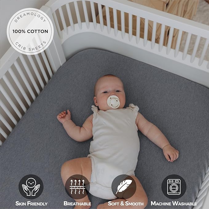 Dreamology Mini Crib Fitted Sheets,100% Cotton Crib Sheets for Boys, Girls,Mini Crib Mattress Sheet,Mini Crib Sheets, Pack and Play Sheets,38x24 Mini Crib Sheet Fitted | Grey and Silver Grey