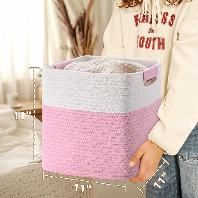 11 Inch Storage Cubes, 3 Pack Cube Storage Bins for Organizing, Cotton Rope Woven Baskets for Shelves, Bathroom, Kids Room, Closets, Baby Nursery