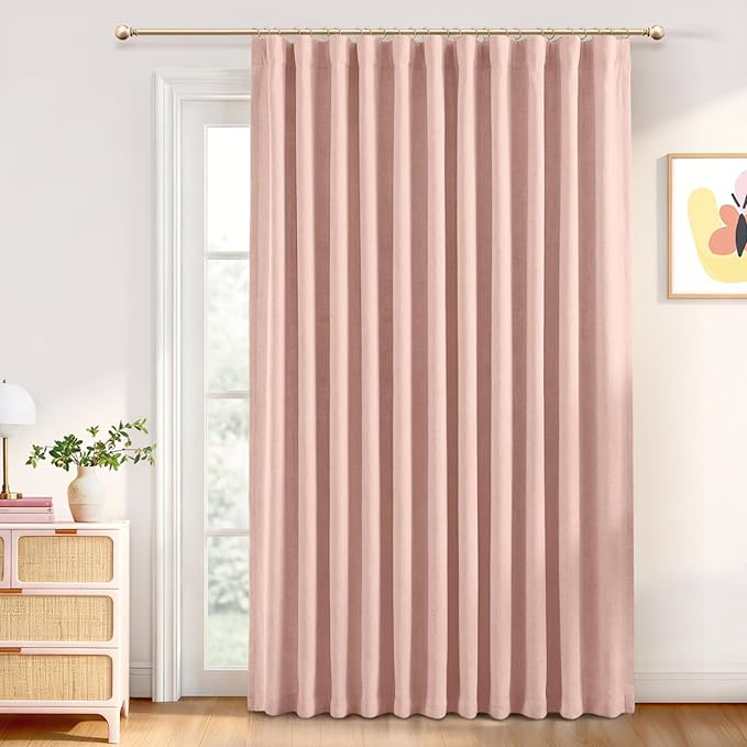 INOVADAY 100% Blackout Curtains for Bedroom, Black Out Curtains 84 Inch Long, Clip Rings Linen Blackout Drapes, Thermal Insulated Room Darkening for Living Room, 1 Panel - Blush Pink,W102xL84