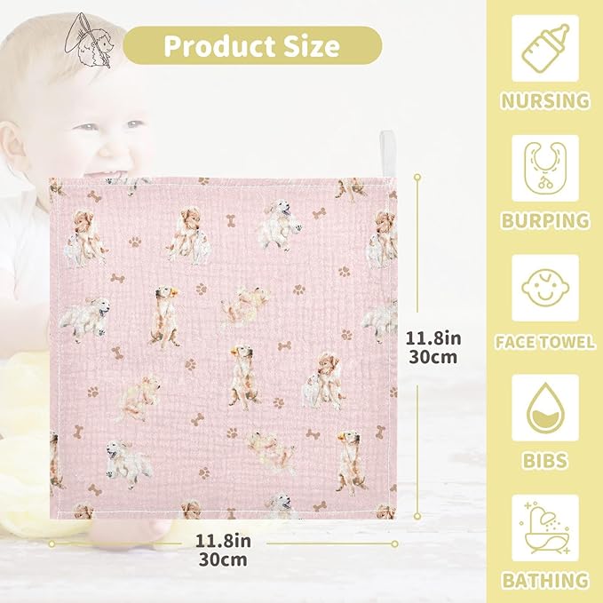 vvfelixl Baby Cotton Washcloths Golden Retriever Infants Bath Towel for Unisex Face Towels for Newborn, Natural Baby Wipes Delicate Skin, 11.8 X 11.8 inch, one sizex3