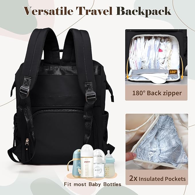 miss fong Diaper Bag Backpack - Baby Diaper Bag Travel Diaper Backpack with Diaper Changing Pad Large Capacity Baby Backpack with 12 Pockets for Mom & Dad -Black