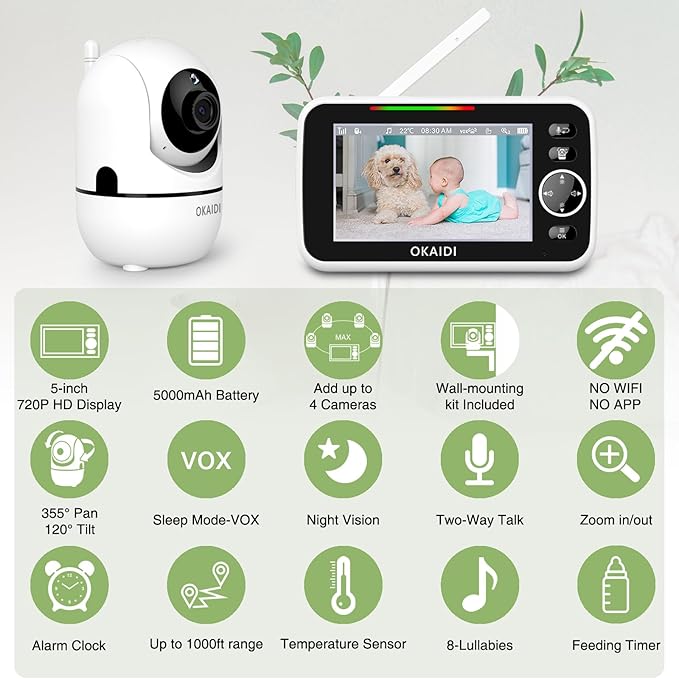 OKAIDI 5" HD Baby Monitor with Camera and Audio, 720P Display, 5000mAh Battery, Remote Pan-Tilt, 3X Zoom, Night Vision, 2-Way Talk, Temperature,Lullabies,1000ft Range Baby Monitor No WiFi
