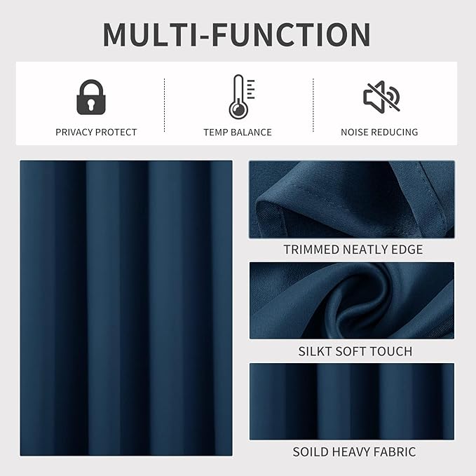 Joydeco Blackout Curtains 90 Inches Long 1 Panel, Thermal Insulated Long Curtains& Drapes 1 Piece, Room Darkening Grommet Drapes for Living Room Bedroom Window (W70 x L90 Inch, Navy Blue)