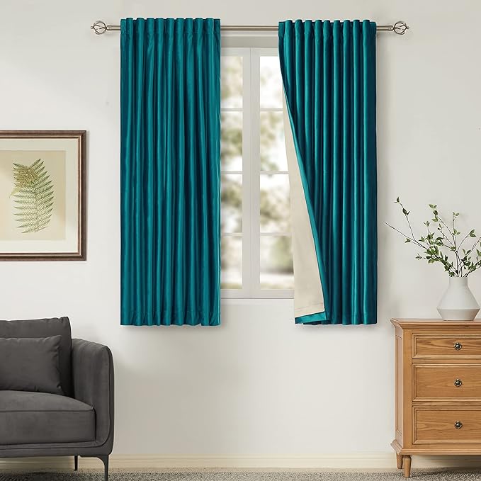 100% Full Blackout Teal Green Velvet Curtains 63 inch Long for Living Room,Set of 2 Panels Liner Rod Pocket Back Tab Thermal Window Curtains Room Darkening Heavy Decorative Drapes for Bedroom