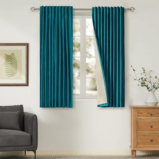 100% Full Blackout Teal Green Velvet Curtains 63 inch Long for Living Room,Set of 2 Panels Liner Rod Pocket Back Tab Thermal Window Curtains Room Darkening Heavy Decorative Drapes for Bedroom