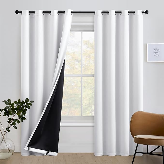 FMFUNCTEX 100% Blackout Curtain Panels 84inch Long White Completely Blackout Window Drapes for Bedroom Living Room Thermal Insulate Energy Efficient Curtains for Guest Room, Grommet Top (Pure White)