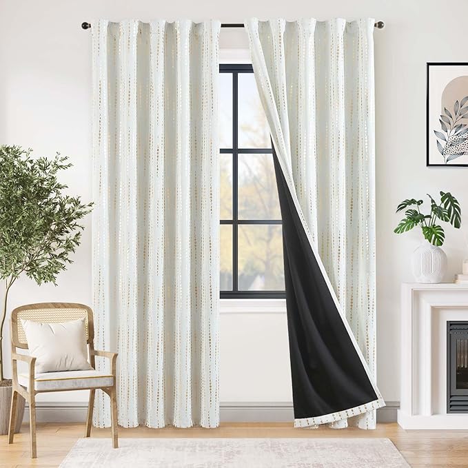 jinchan 95% Blackout Bohemian Moon Phase Print Bedroom Curtains 90 Inch Length 2 Panels Golden Curtain on White Background Pole Mouth Rear Label Thermal Curtains for Nursery