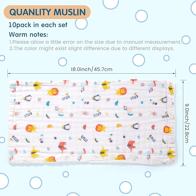 Tatuo 10 Pack Muslin Baby Burp Cloth Soft Washcloths 20'' x 10'' 6 Layer Soft Absorbent Newborn Rags Towel for Baby Shower Boys Girls Machine Washable for Sensitive Skin(Animal Pattern)