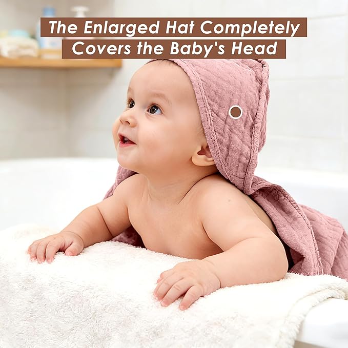3-Pack Muslin Hooded Baby Towels, 100% Cotton, Ultra-Soft & Absorbent Baby Bath Towels with Hood for Babies, Infant, Toddler and Newbron (Pink and Sakura Series,32" x 32")