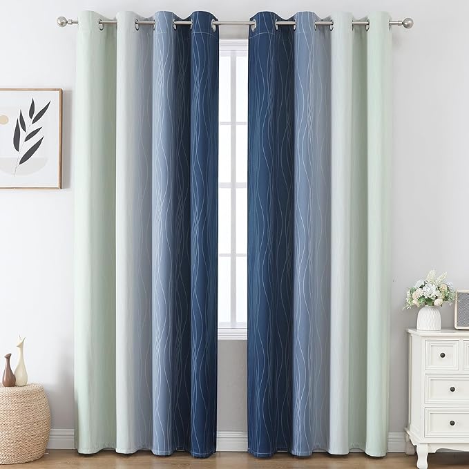 Estelar Textiler Sage Green and Navy Blue Gradient Blackout Curtains for Bedroom 96 Inch Length 2 Panels Set, Thermal Insulated Ombre Drapes, Full Light Blocking Curtains for Living Room,52Wx96L