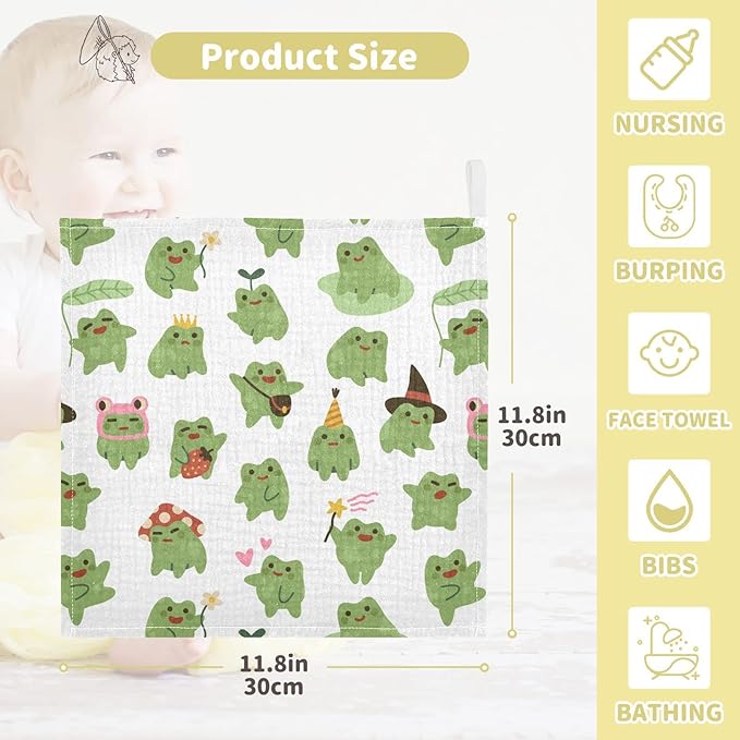 Cute Toads Frogs Baby Muslin Washcloths Soft Face Towel for Newborns, 11.8 X 11.8 Inch, 3 Pack