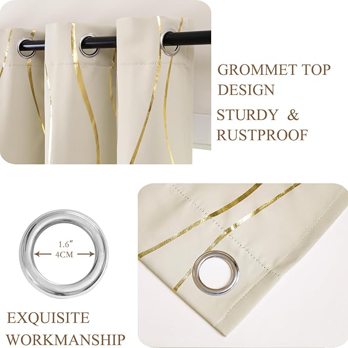 L.Z.E Cream and Gold Curtains 96 Inch Long for Bedroom Living Room, Elegant Blackout Thermal Insulated Window Drapes with Gold Foil Wave Pattern, 85% Room Darkening Grommet Top, 2 Panels Set