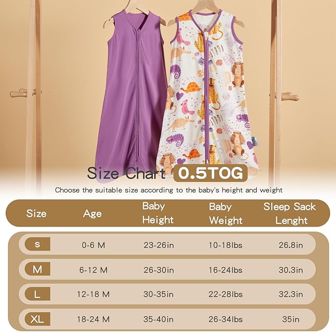 TILLYOU 2 Pack Baby Sleep Sack 18-24 Months 100% Cotton Wearable Blanket 0.5 TOG Sleeveless Summer Sleep Sacks with 2-Way Zipper, Animal Graffiti & Purple