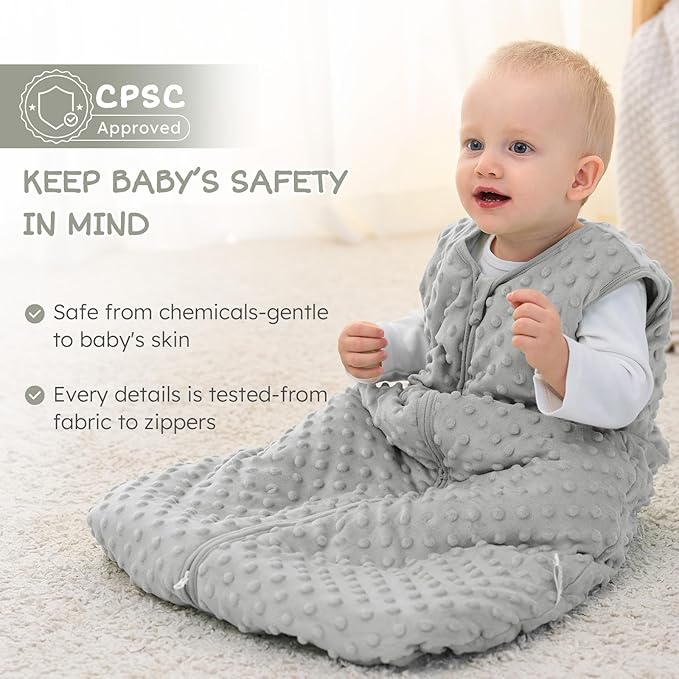 FILLEEP Fleece Baby Sleep Sack 12-18 Months with Plush Dots, Winter Baby Wearable Blanket for Infant Toddler Sleeping Sack 2-Way Zipper Warm Sleep sack, Grey