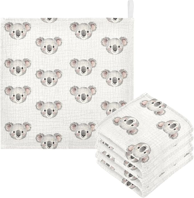 vvfelixl Cartoon Koala Bear Face Baby Burp Cloths Baby Muslin Washcloths for Boys Girls Cotton Babys Face Towel for Newborn Infants Soft and Absorbent 11.8 X 11.8 in, 5 Pack