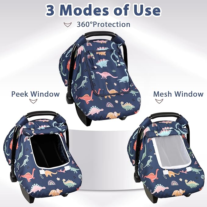 Car Seat Cover Baby, Anti-Kick Carseat Covers Baby Boy, Warm Minky Infant Car Seat Canopy with Breathable Mesh Window, Multi-Use Cover Protecting Baby from Wind, Sun, Strangers, Blue Dinosaur