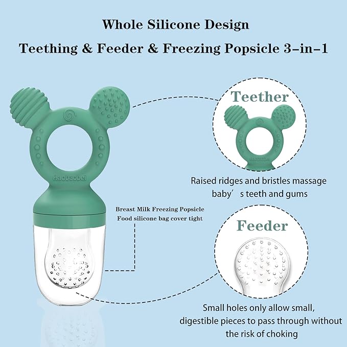 Baby Fruit Feeder, Frozen Teething Toys, Teether Pacifier with 3 Extra Teats, Infant Eating Essentials, BPA Free Baby Feeding Supplies (Grass Green)