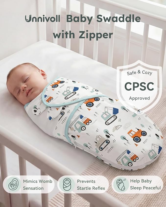 Baby Swaddles for Newborns with Zipper, 100% Cotton Newborn Swaddle Sack, 3 Pack Baby Swaddles 0-3 Months Swaddle Sleep Sack for Newborn Baby Boy Girl Green Excavator