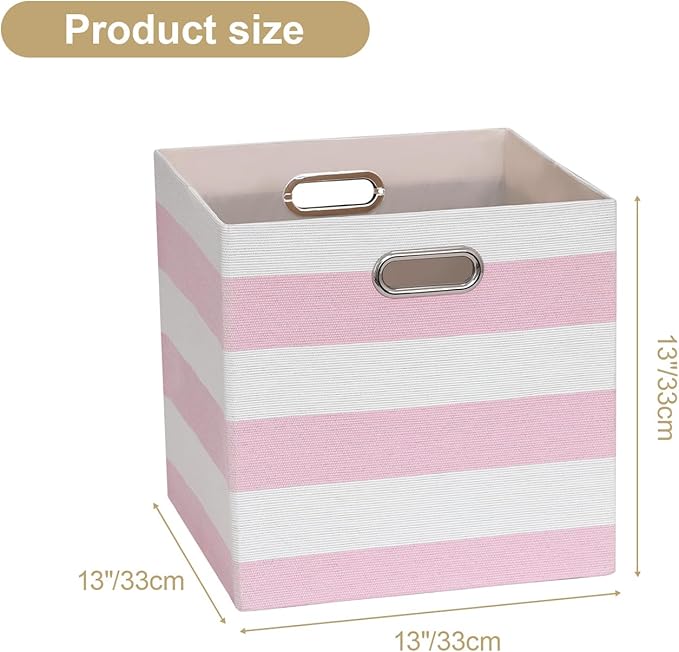 Posprica Storage Bins Storage Cubes,13×13 Collapsible Storage Boxes Containers Organizer Baskets for Nursery,Office,Closet,Shelf - 4pcs,Pink-white Striped