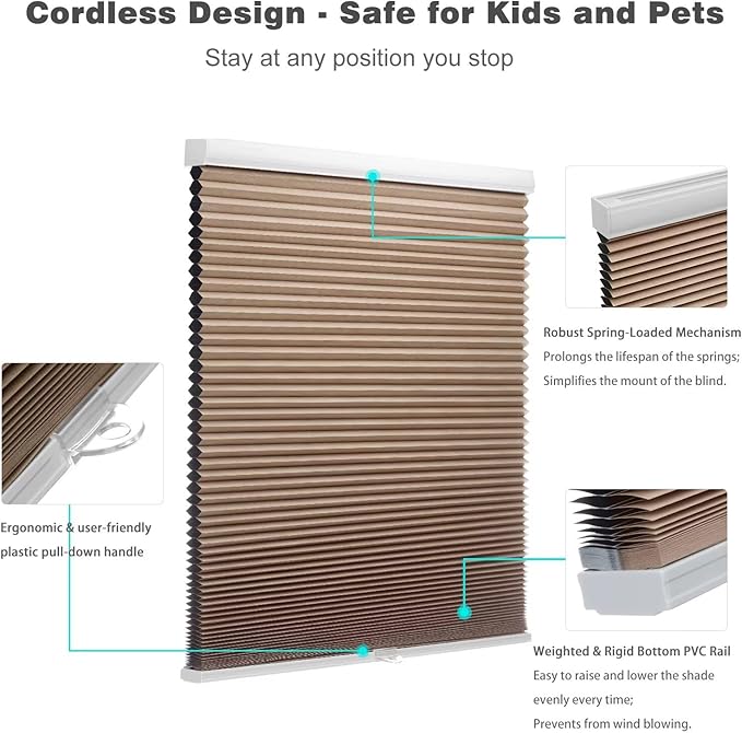 MYshade Cordless Blackout Cellular Shades for Windows, Honeycomb Window Shades with Thermal Insulation, Child & Pet Safe Room Darkening Shade, Easy Install, 38" W x 64" H, Light Brown