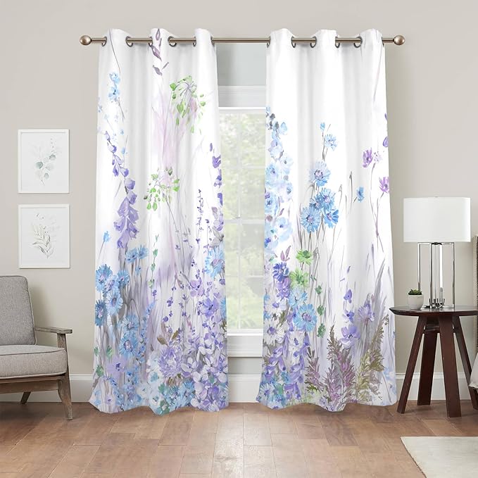 Renaiss Purples Blue Floral Print Blackout Curtains, Pastel Wild Flowers Thermal Insulated Bedroom Window Curtains, Spring Floral Art Window Drapes for Living Room, 96" L x 42" W 2 Panel Set