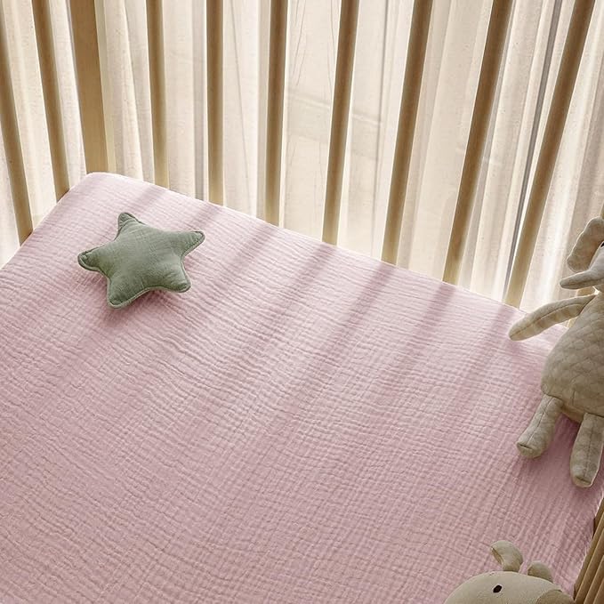 Little Grape Land Muslin Crib Sheets Fitted for Boys and Girls 2 Pack, 100% Cotton Baby Bed Sheets Soft Breathable, Neutral Fitted Baby Mattress Sheets for Standard Crib 52x28 inches, Pink Bunny