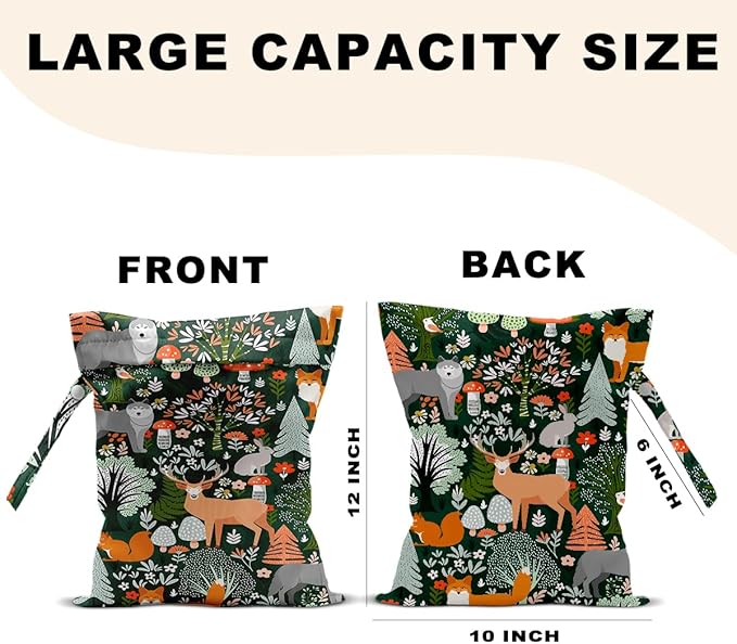 2Pcs Forest Animal Wet Bags 12x10 Inch, Cottage Core Botanical Waterproof Travel Laundry Bags, Squirrel Fox Wolf Reusable Wet Dry Bag for Swimsuit Pool Beach Diapers Dirty Yoga Gym Clothes