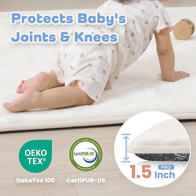1.5" Thick Baby Play Mat for Floor, 50x50 Playpen Mat, Pro Soft Flannel Foam Mats Toddler Infant Kids Crawling for Nursery Rug Playroom Living Room Waterproof Easy Care Non-Slip (Cream)